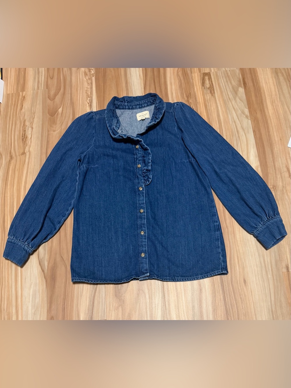 Sezane Dark Blue Denim Ruffled Collar Button-Up Blouse